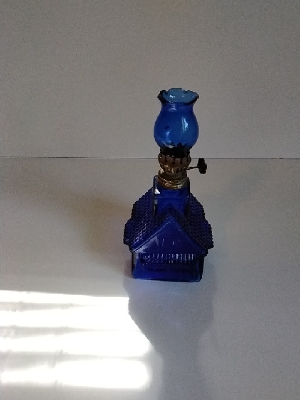 Vintage Colbaut Blue Oil Lamp Shapped like a log Cabin